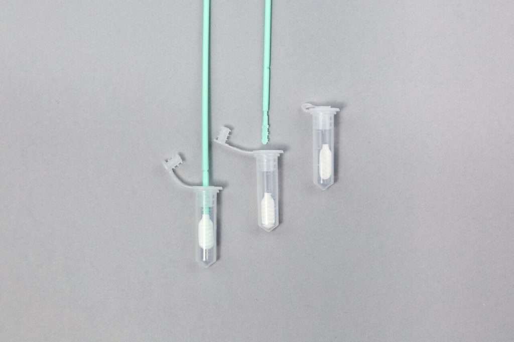 Isohelix SK-2S buccal swab kit with 2 mL tube and special release cap for DNA and RNA sample collection.
